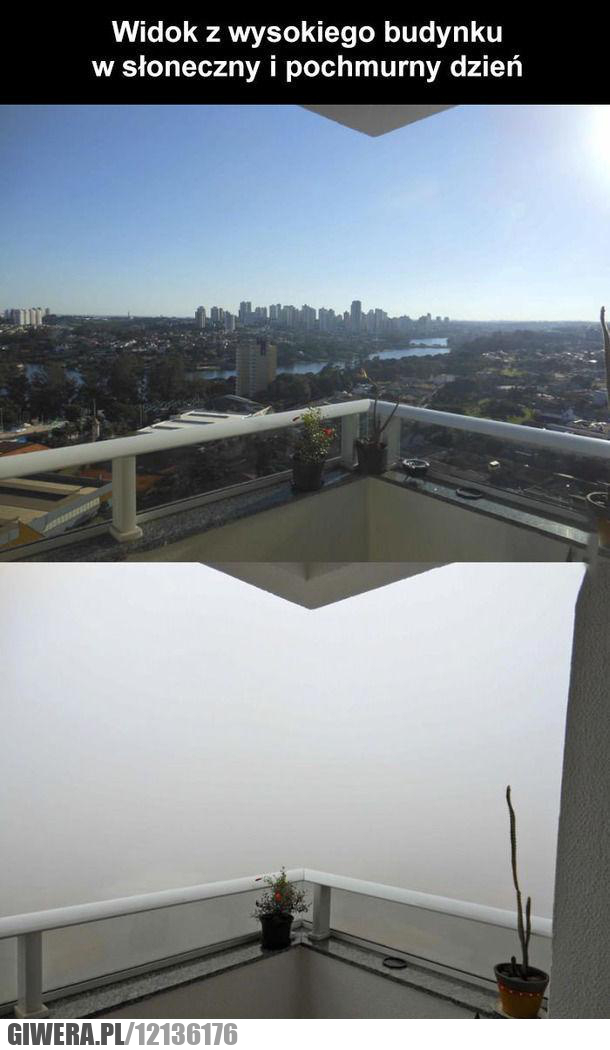 Budynek,widok,chmury,mgła,słońce