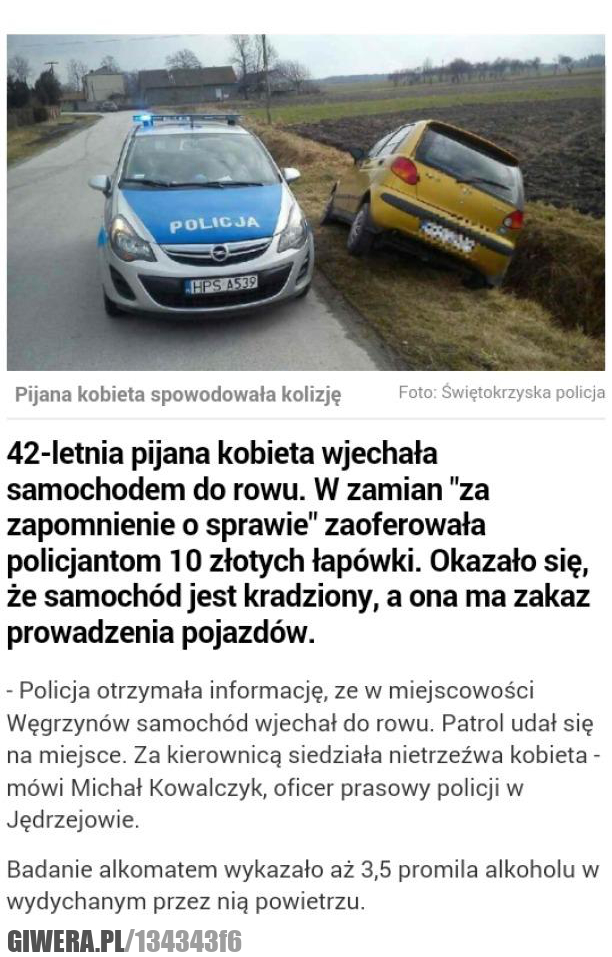 łapówka,10 zł,policja,rów,kradzione auto