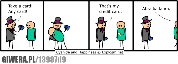 komiks, magia, trik, karty, karta kredytowa