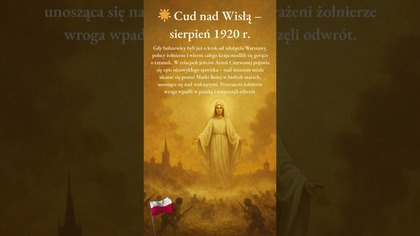 Gdy bolszewicy byli już o krok od zdobycia Warszawy, polscy żołnierze i wierni całego kraju modlili się gorąco o ratunek. W relacjach jeńców Armii Czerwonej pojawia się opis niezwykłego zjawiska  nad miastem miała ukazać się postać Matki Bożej w białych szatach, unosząca się nad walczącymi. Przerażeni żołnierze wroga wpadli w panikę i rozpoczęli odwrót.

 Źródło: relacje jeńców bolszewickich, przytoczone m.in. przez ks. Stanisława Trzeciaka oraz w prasie Rzeczpospolita (wrzesień 1920 r.).

 Wierzysz, że to była interwencja Matki Bożej?

#CudnadWisłą #Maryja #Polska