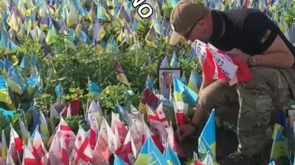 Kij&oacute;w. Każda chorągiewka to poległy na Ukrainie.