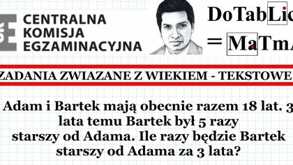 Adam i Bartek mają obecnie 18 lat 3 lata temu Bartek był 5 razy starszy od Adama . R