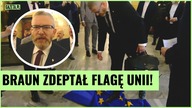 Skandaliczne zachowanie Brauna! Wytarł buty o flagę Unii!