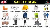 Safety gear, clothing, personal protective equipment PPE, protection clothes in English vocabulary