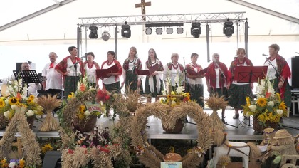 Występ zespołu Kalina z Markuszowa na dożynkach w Bobowiskach gm.  Markuszów