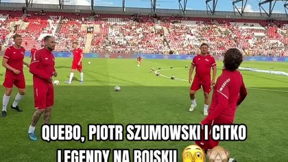 Quebonafide, standuper Piotr Szumowski i Marek Cito na rozgrzewce przed meczem gwiazd w Łodzi.