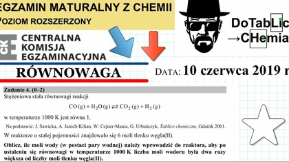 Stężeniowa stała r&oacute;wnowagi reakcji CO(g)+H2O(g)CO2(g)+H2(g) w temperaturze 1000 K jest r&oacute;wna 1.  ZADANIE 4 CKE 2019 CZERWIEC #Chemia
