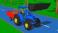 Chicken Coop Builder and Tractor with Front Bucket - A Blue Tractor with a Red two wheel Trailer