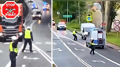 Fiat Ducato taranuje radiowóz polskiej policji podczas ucieczki z Czech.  STOP PIRAT