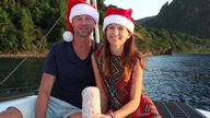 Mrs. Santa on the top of the mast of a trimaran!!!