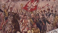 Kartka pocztowa z 1917 r. z Pieśnią Legionów, czyli Mazurkiem Dąbrowskiego oraz orbazem  Kossaka