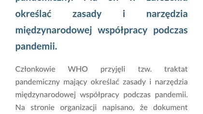 Depopulacyjny traktat tworzenia globalnego rządu ograniczający prawa wolności słowa i przybliżający do  przymusowych szczepie, przyjęty