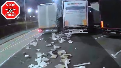 Pijany kierowca ciężarówki uszkadza pojazdy i gubi towar ze swojej naczepy.  STOP PIRAT