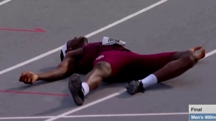 Infinite Tucker - goes full Superman to win 400m hurdles