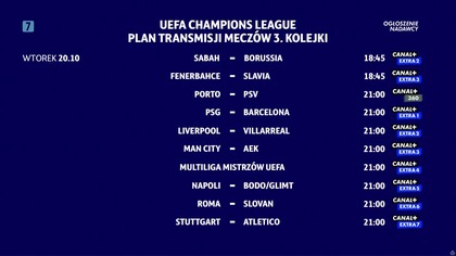 Canal+ Extra 3 - Plansza z planem transmisji 3.  kolejki fazy ligowej piłkarskiej Ligi Mistrzów (20. 10. 2026)