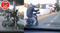 Agresywne zachowanie motocyklisty.  Zawraca i uszkadza lusterko w samochodzie.  STOP PIRAT