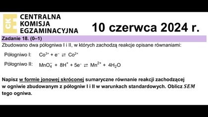 Zadanie 18 CKE 2024 Czerwiec | Zbudowano dwa półogniwa I i II, w których zachodzą reakcje opisane...