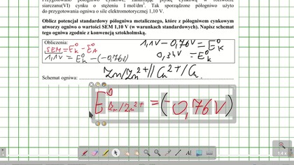 Przygotowano p&oacute;łogniwo cynkowe, zanurzając płytkę cynkową w roztworze siarczanu(VI) cynku o stężeniu 1 mol/dm3. ZADANIE 22 CKE 2010 SIERPIEN