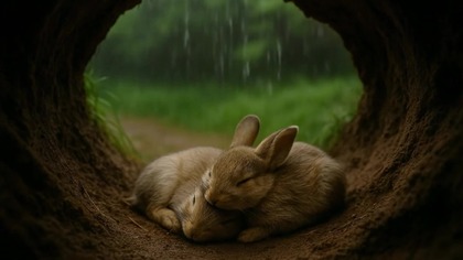 Steady Rain in Animal Burrow  Sleeping Baby Rabbits