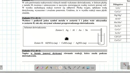 ZADANIE 17 CKE 2020 CZERWIEC(MAJ) ELEKTROCHEMIA PŁYTKI.  W celu por&oacute;wnania reaktywności r&oacute;żnych metali wykonano doświadczenie, w kt&oacu