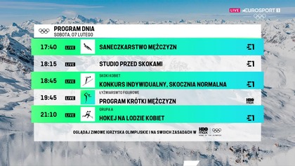 Eurosport 1 - Program dnia, zapowiedź i blok reklamowy w olimpijskiej oprawie graficznej (07. 02. 2026)