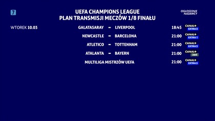 Canal+ Extra 3 - Plansza z planem transmisji meczów fazy 1/8 finału Ligi Mistrzów (10. 03. 2026)