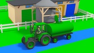 Colorful Garages with Tractors - Agricultural Machinery & planting yellow-blueflowers in Meadow