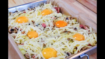 Swojska blacha ziemniaki zapiekane z jajkiem niebo w gębie