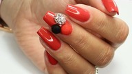 Red POMPONS nails / acryl gel / Velvet / Sunflower Professional