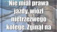 Nie miał prawa jazdy, wiózł nietrzeźwego kolegę.  Zginął na miejscu