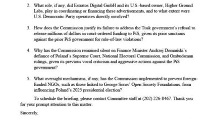 Republikanie pisza do Ursuli von der leyen ze demokraci soros finansuja partie PO i Trzaskowskiego by Polska przyjela polityke globalistow