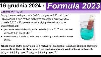 Zadanie 16 CKE 2024 Grudzień | Przygotowano wodny roztwór CuSO4 o stężeniu 0,50. | ZMIANA MASY PŁYTKI