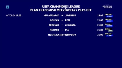 Canal+ Extra 3 - Plansza z planem transmisji meczów fazy play-off Ligi Mistrzów (17. 02. 2026)