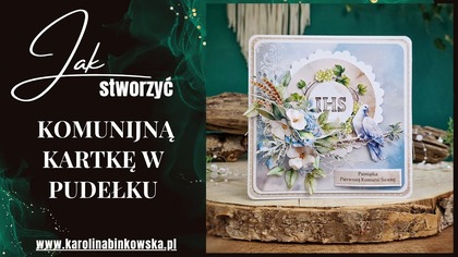 Kartka Komunijna w Pudełku z piękną kompozycją  Kwadratowa Forma z Papierów i elementów DIGI