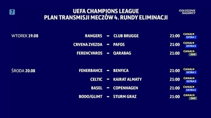 Canal+ Extra 3-7 - Plansza z planem transmisji meczów 4. rundy eliminacji Ligi Mistrzów (19. 08. 2025)